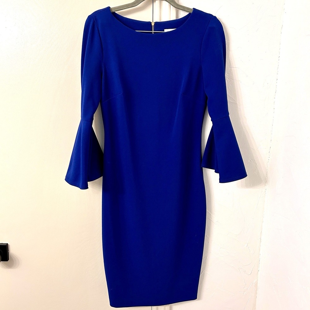 CALVIN KLEIN Solid Blue Crepe Stretch Bell Sleeve Sheath Dress Size 4